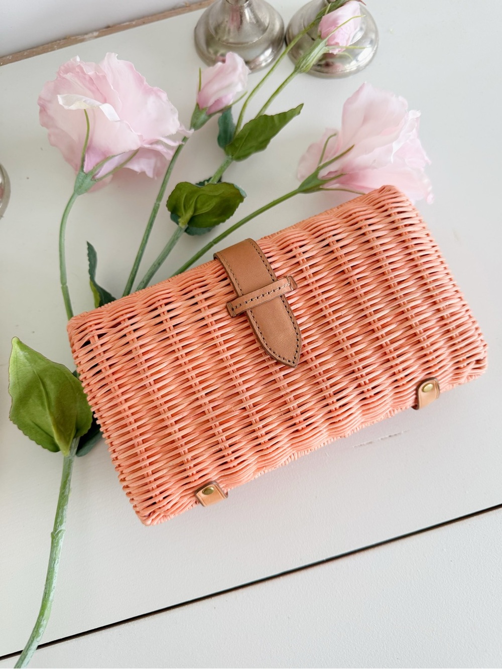 J.Crew Coral wicker clutch, NWOT